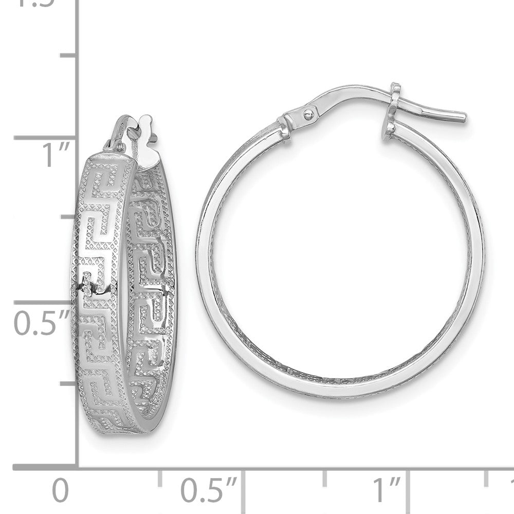 Sterling Silver Rhodium Plated Polished Textured Greek Key Hoop Earrings