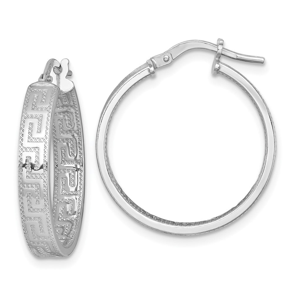 Sterling Silver Rhodium Plated Polished Textured Greek Key Hoop Earrings