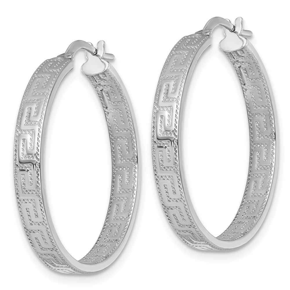 Sterling Silver Rhodium Plated Polished Textured Greek Key Hoop Earrings