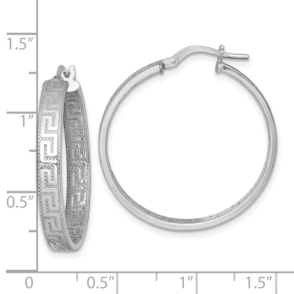 Sterling Silver Rhodium Plated Polished Textured Greek Key Hoop Earrings