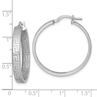 Sterling Silver Rhodium Plated Polished Textured Greek Key Hoop Earrings