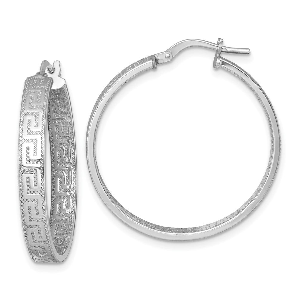 Sterling Silver Rhodium Plated Polished Textured Greek Key Hoop Earrings