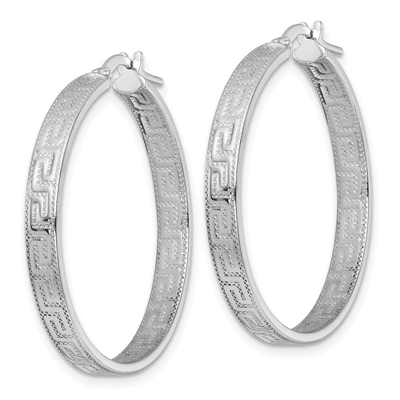 Sterling Silver Rhodium Plated Polished Textured Greek Key Hoop Earrings
