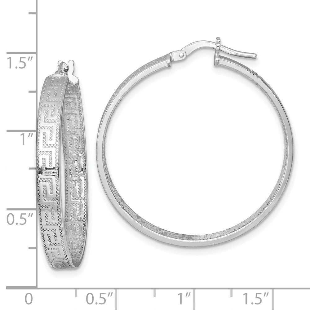 Sterling Silver Rhodium Plated Polished Textured Greek Key Hoop Earrings