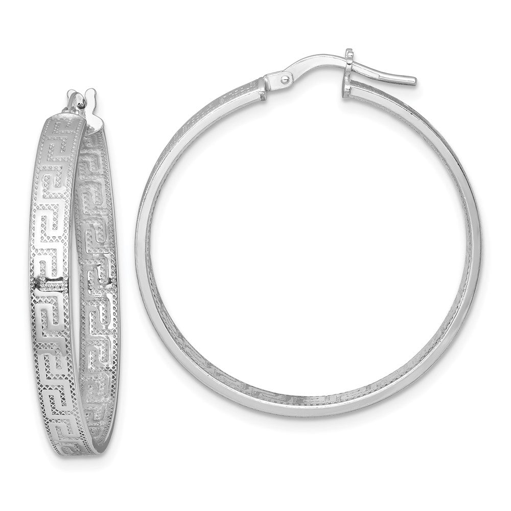 Sterling Silver Rhodium Plated Polished Textured Greek Key Hoop Earrings