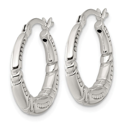 Sterling Silver Polished Beaded and Grooved Round Hoop Earrings