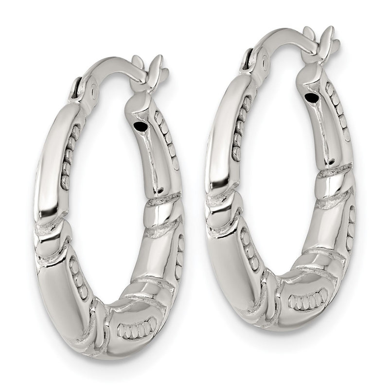 Sterling Silver Polished Beaded and Grooved Round Hoop Earrings