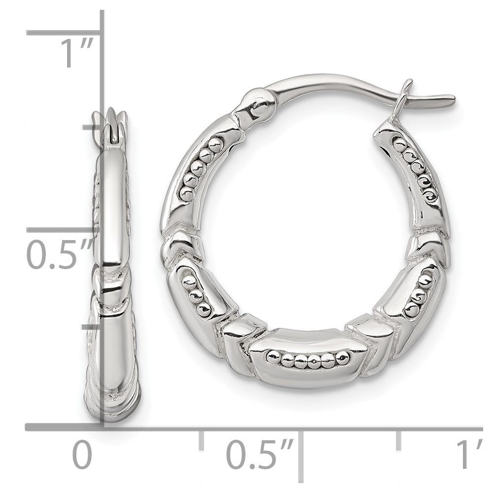 Sterling Silver Polished Beaded and Grooved Round Hoop Earrings