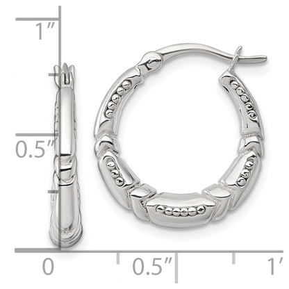 Sterling Silver Polished Beaded and Grooved Round Hoop Earrings