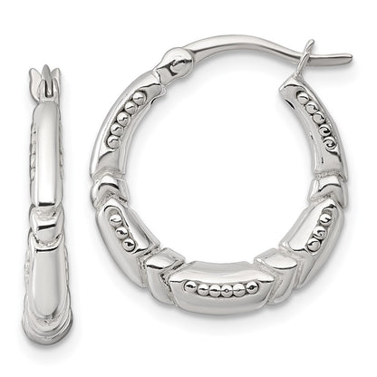 Sterling Silver Polished Beaded and Grooved Round Hoop Earrings