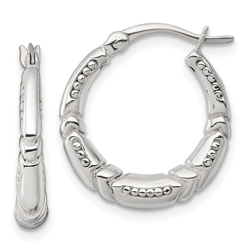 Sterling Silver Polished Beaded and Grooved Round Hoop Earrings
