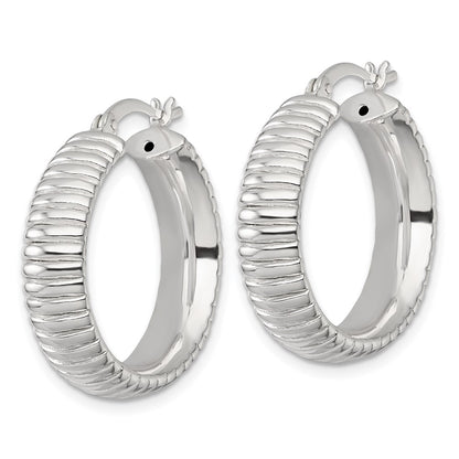 Sterling Silver Polished and Grooved 26x7mm Round Hoop Earrings