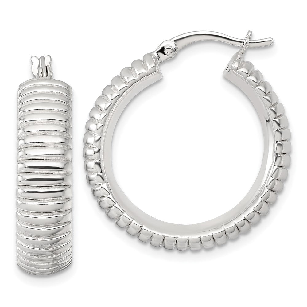 Sterling Silver Polished and Grooved 26x7mm Round Hoop Earrings
