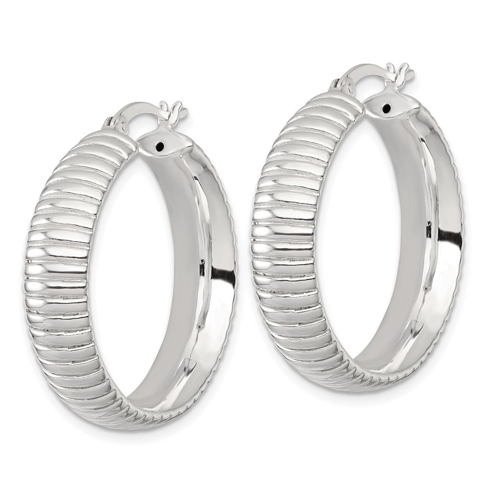 Sterling Silver Polished and Grooved 32x7.5mm Round Hoop Earrings