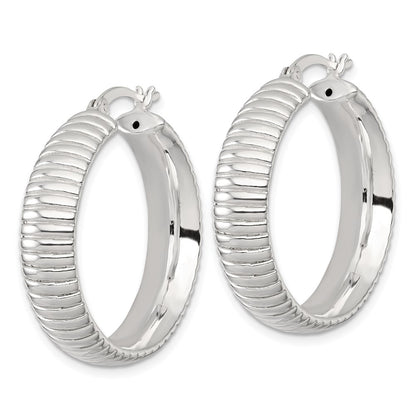 Sterling Silver Polished and Grooved 32x7.5mm Round Hoop Earrings