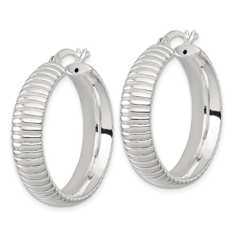 Sterling Silver Polished and Grooved 32x7.5mm Round Hoop Earrings