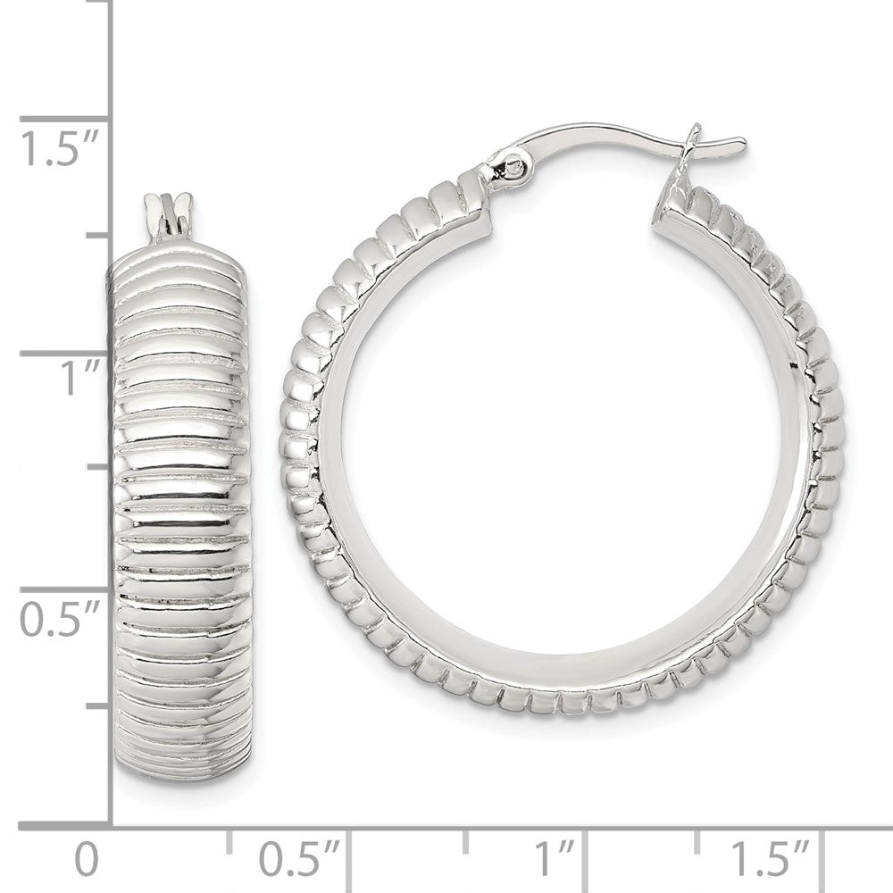 Sterling Silver Polished and Grooved 32x7.5mm Round Hoop Earrings