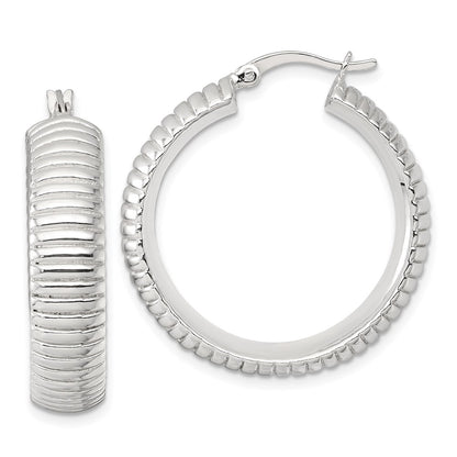 Sterling Silver Polished and Grooved 32x7.5mm Round Hoop Earrings