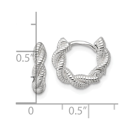 Sterling Silver Polish Textured Twisted Hinged Round Hoop Earrings