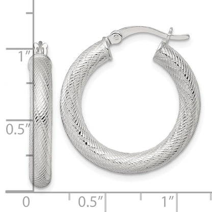 Sterling Silver Polished and Textured 4.0mm Round Hoop Earrings