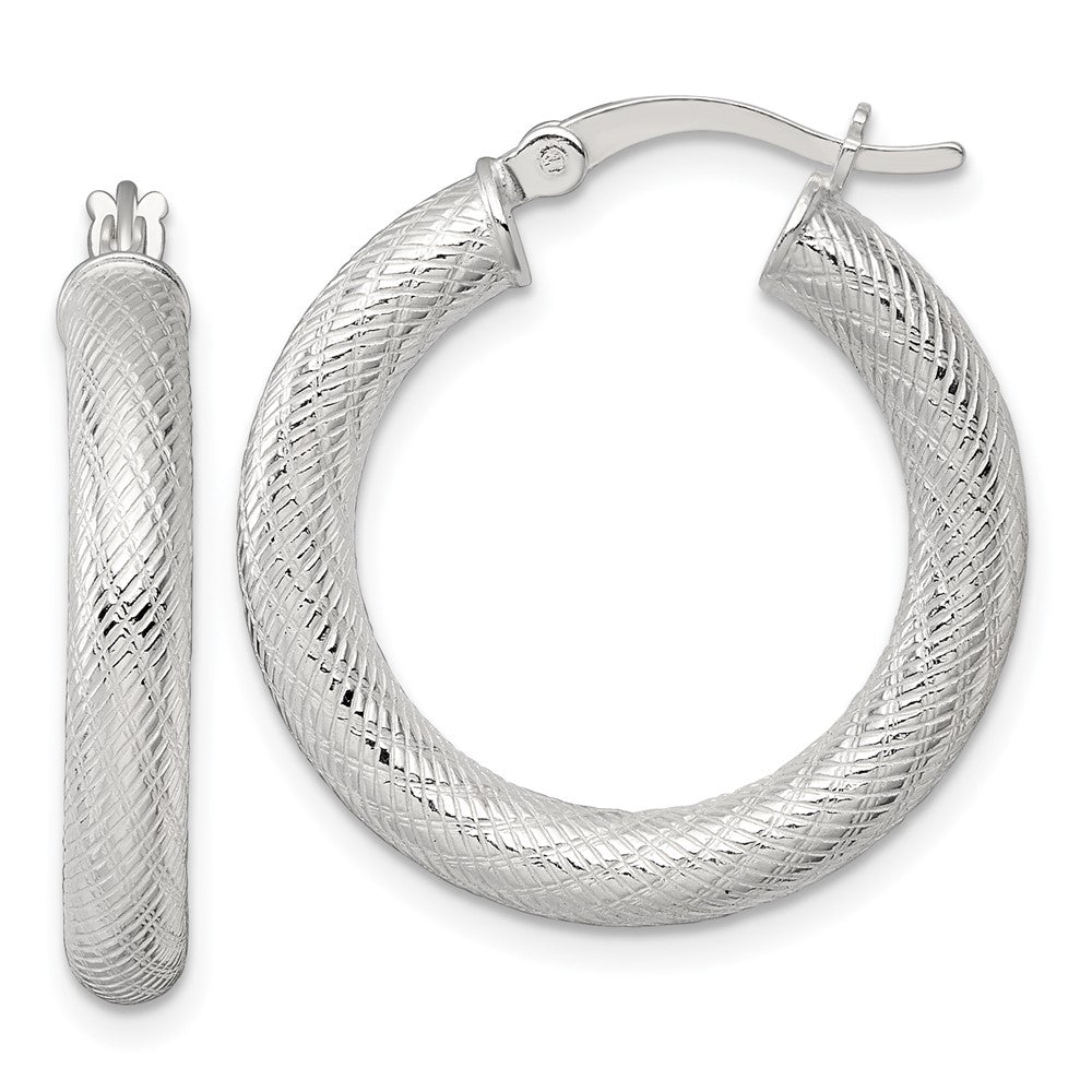 Sterling Silver Polished and Textured 4.0mm Round Hoop Earrings