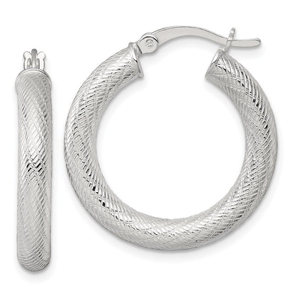 Sterling Silver Polished and Textured 4.0mm Round Hoop Earrings
