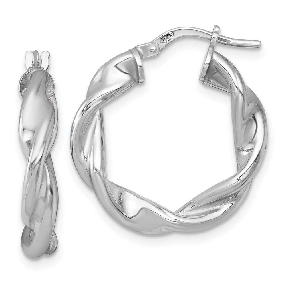 Sterling Silver Rhodium Plated Polished and Twisted Round Hoop Earrings