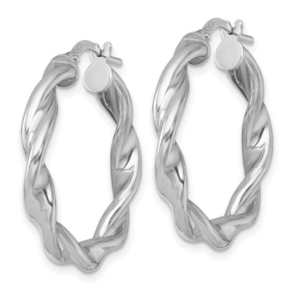 Sterling Silver Rhodium Plated Polished and Twisted Round Hoop Earrings