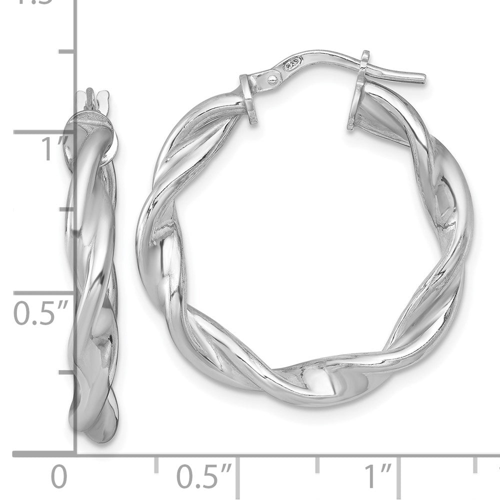 Sterling Silver Rhodium Plated Polished and Twisted Round Hoop Earrings