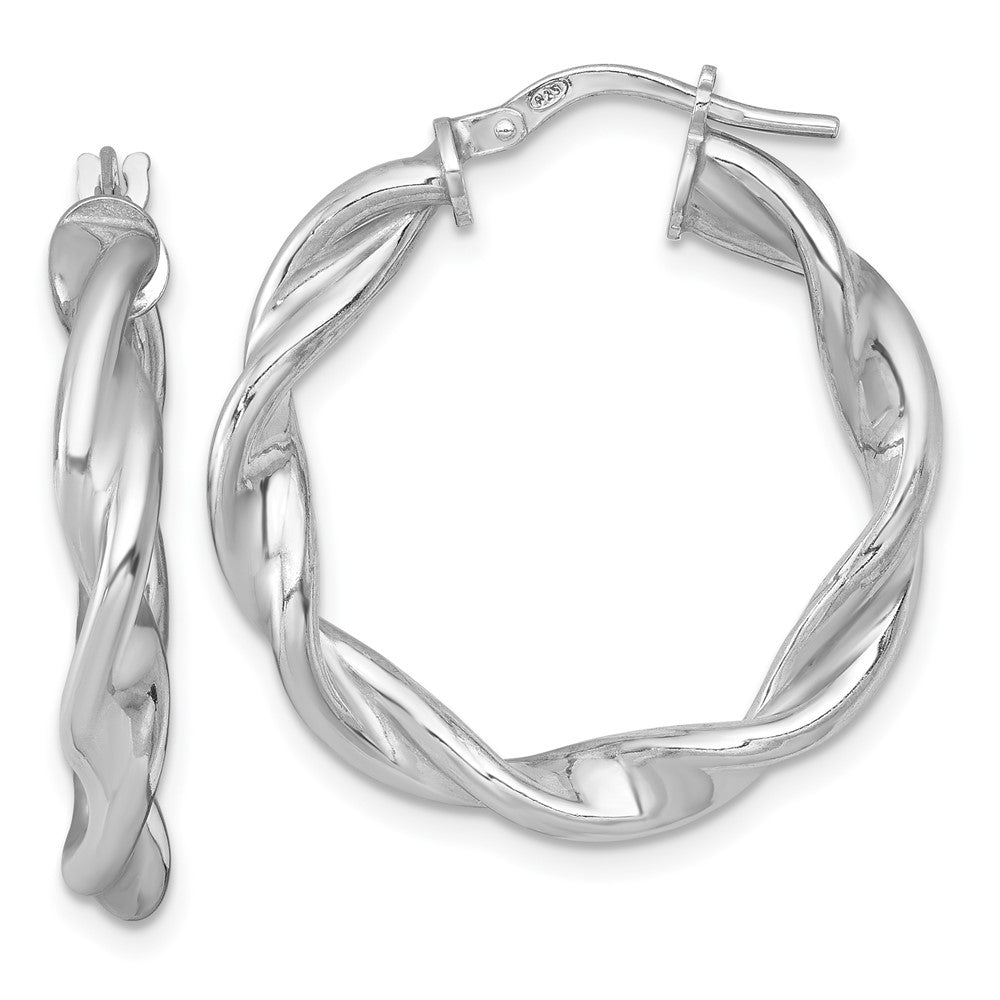 Sterling Silver Rhodium Plated Polished and Twisted Round Hoop Earrings