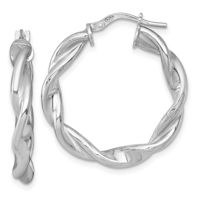 Sterling Silver Rhodium Plated Polished and Twisted Round Hoop Earrings