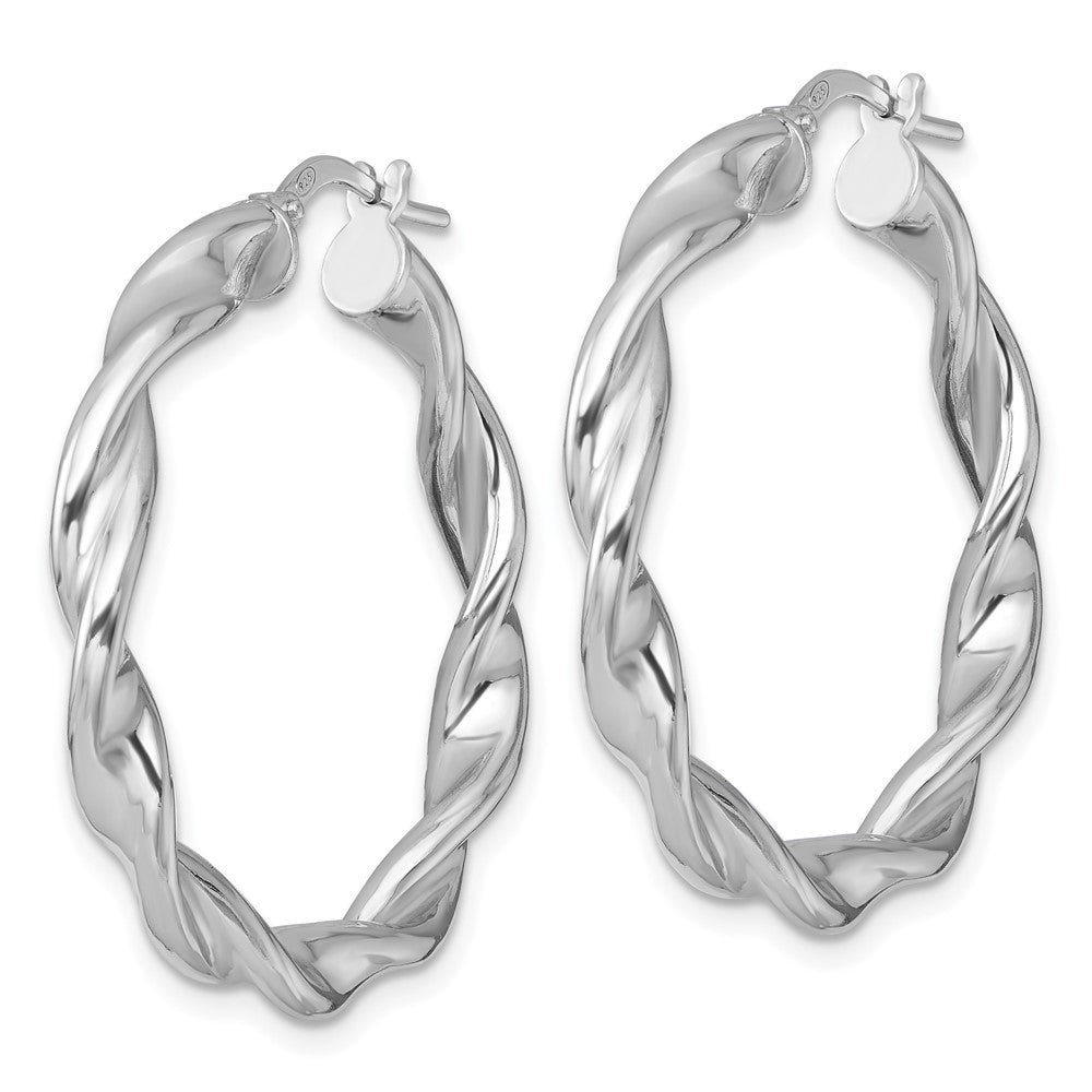 Sterling Silver Rhodium Plated Polished and Twisted Round Hoop Earrings