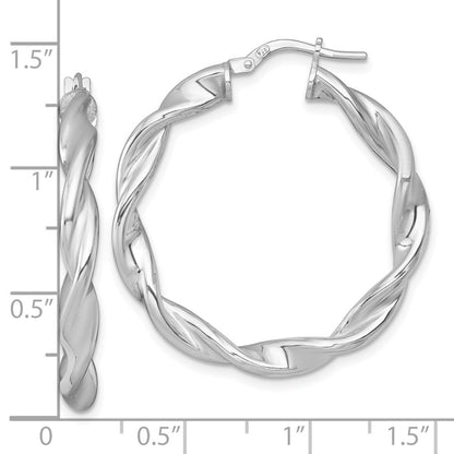 Sterling Silver Rhodium Plated Polished and Twisted Round Hoop Earrings