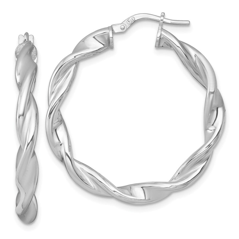 Sterling Silver Rhodium Plated Polished and Twisted Round Hoop Earrings
