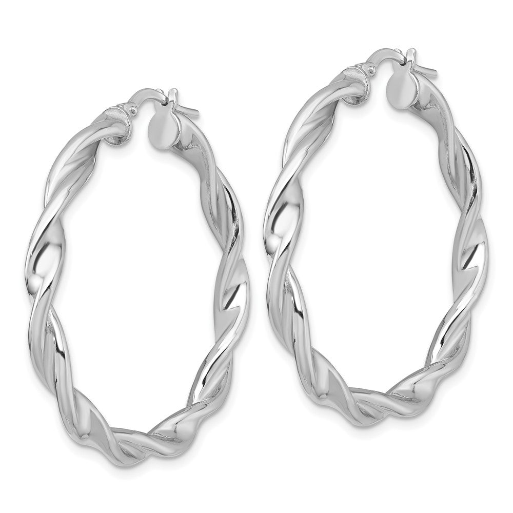 Sterling Silver Rhodium Plated Polished and Twisted Round Hoop Earrings