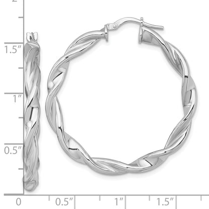 Sterling Silver Rhodium Plated Polished and Twisted Round Hoop Earrings