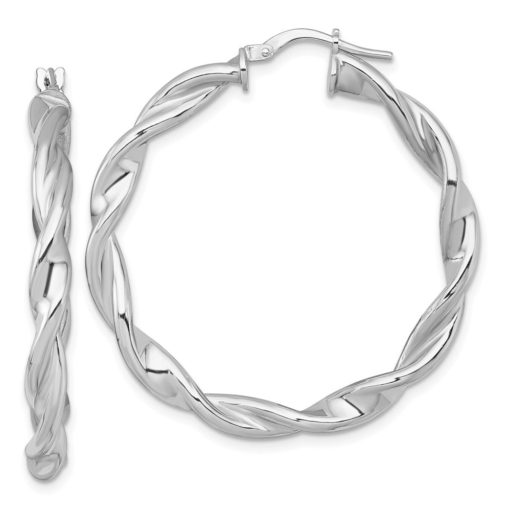 Sterling Silver Rhodium Plated Polished and Twisted Round Hoop Earrings