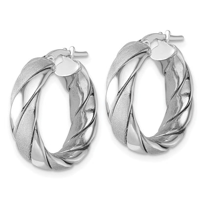 Sterling Silver Rhodium Plated Polished and Scratch Finish Twisted Hoop Earrings