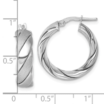 Sterling Silver Rhodium Plated Polished and Scratch Finish Twisted Hoop Earrings