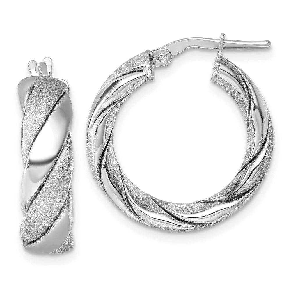 Sterling Silver Rhodium Plated Polished and Scratch Finish Twisted Hoop Earrings