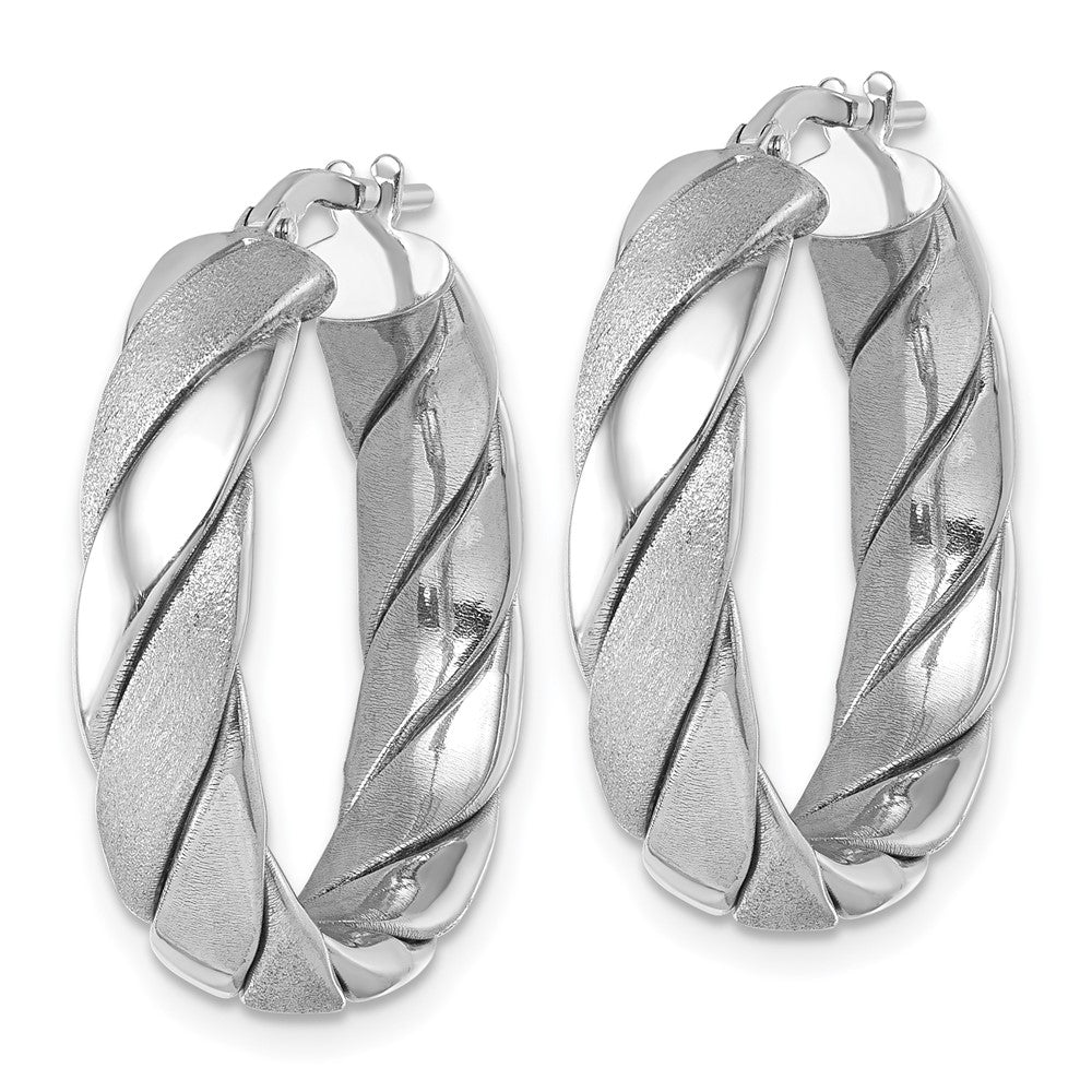 Sterling Silver Rhodium Plated Polished and Scratch Finish Twisted Hoop Earrings