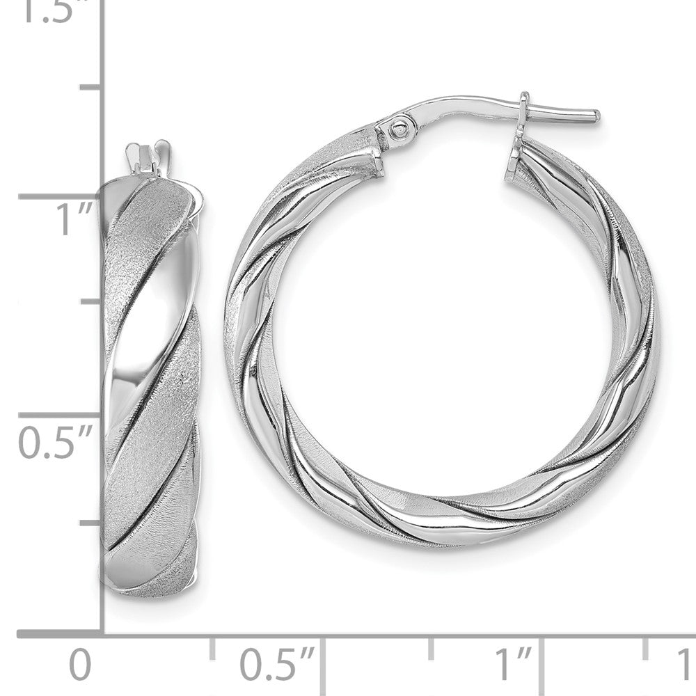 Sterling Silver Rhodium Plated Polished and Scratch Finish Twisted Hoop Earrings