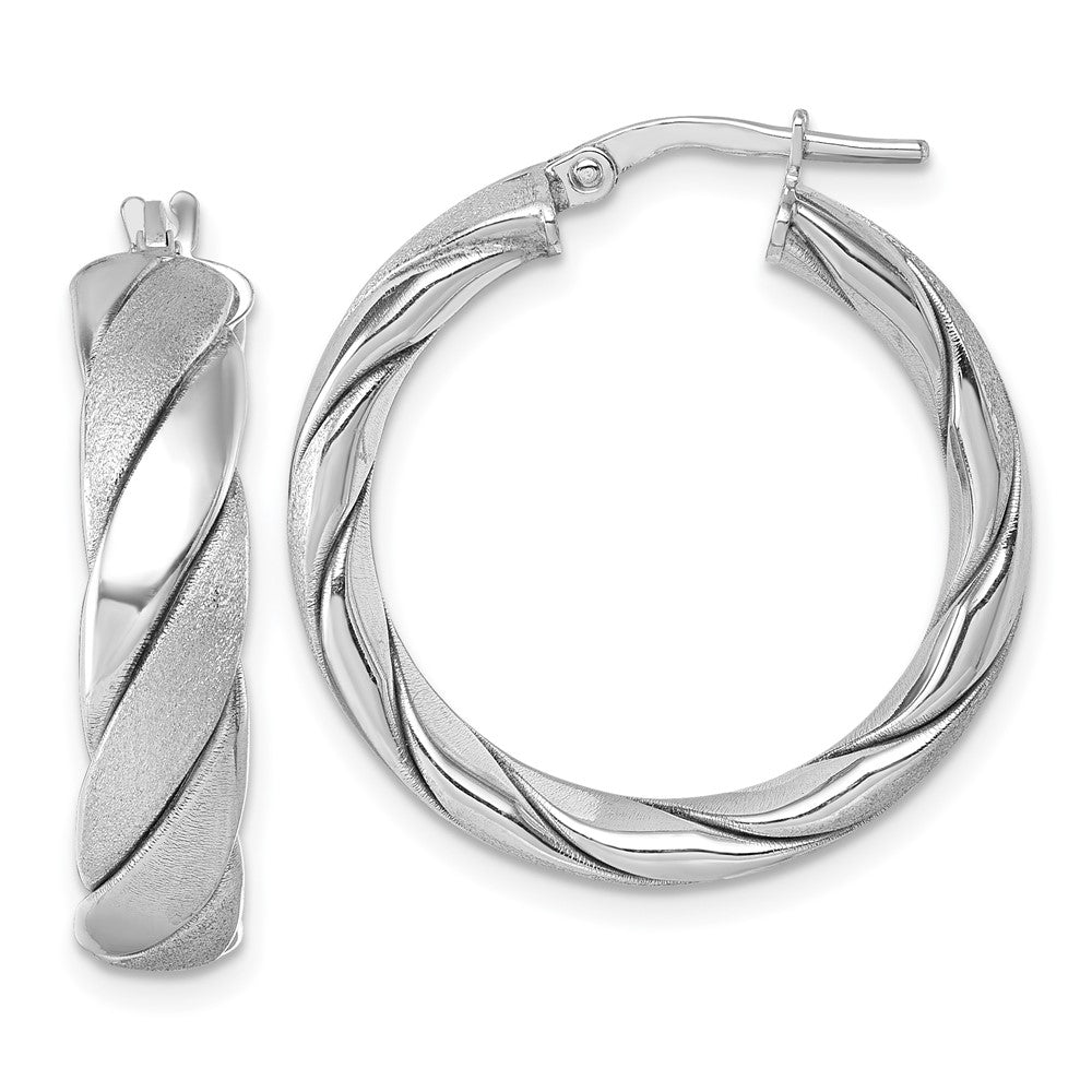 Sterling Silver Rhodium Plated Polished and Scratch Finish Twisted Hoop Earrings