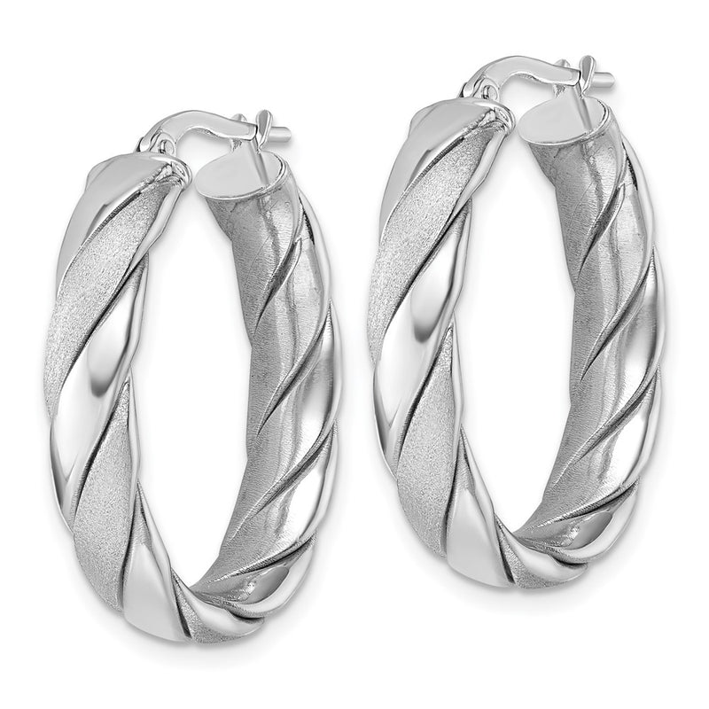 Sterling Silver Rh-Plt Polished / Scratch Finish Twisted Oval Hoop Earrings