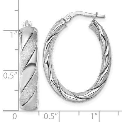 Sterling Silver Rh-Plt Polished / Scratch Finish Twisted Oval Hoop Earrings