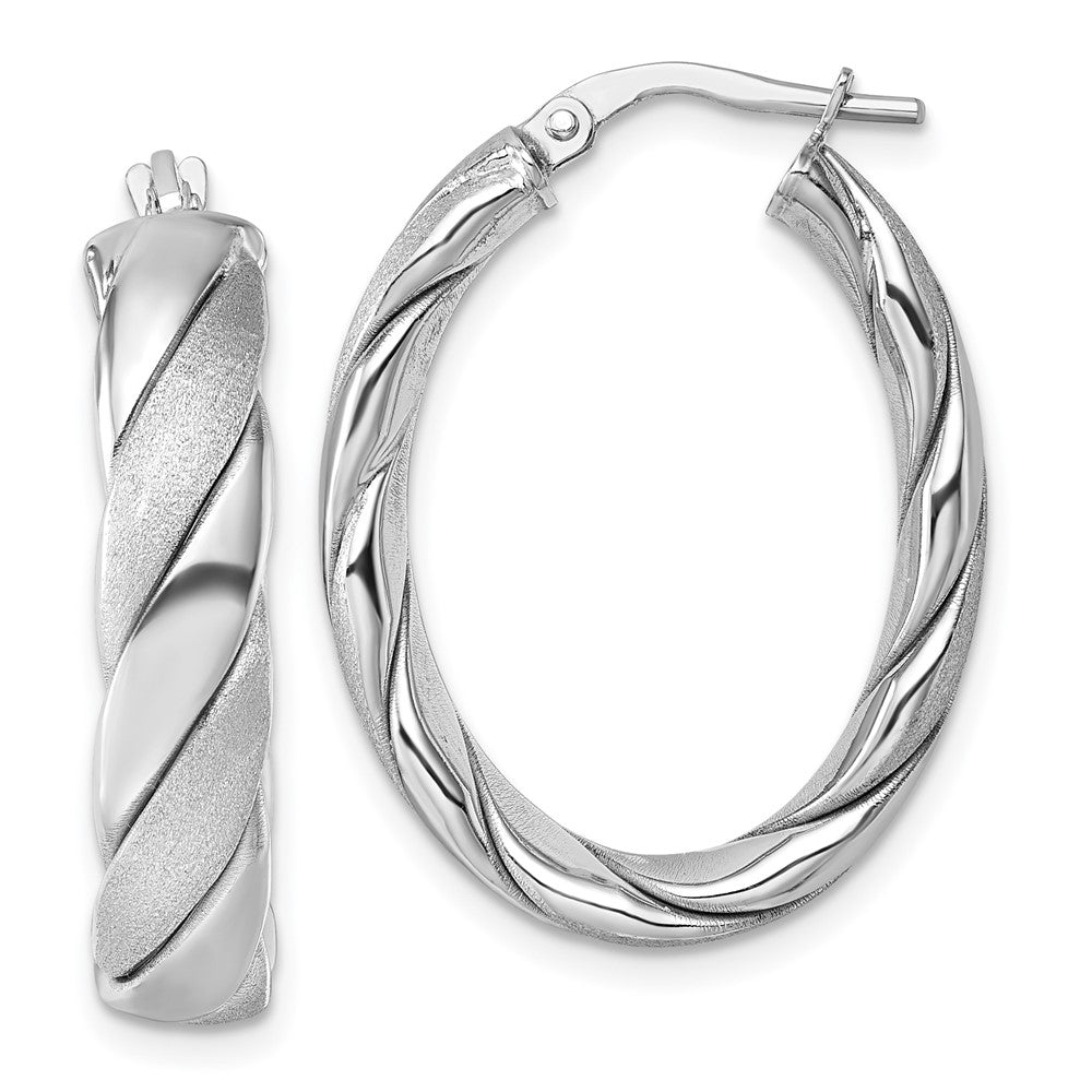 Sterling Silver Rh-Plt Polished / Scratch Finish Twisted Oval Hoop Earrings
