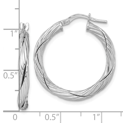 Sterling Silver Rhodium Plated Polished and Twisted Round Hoop Earrings