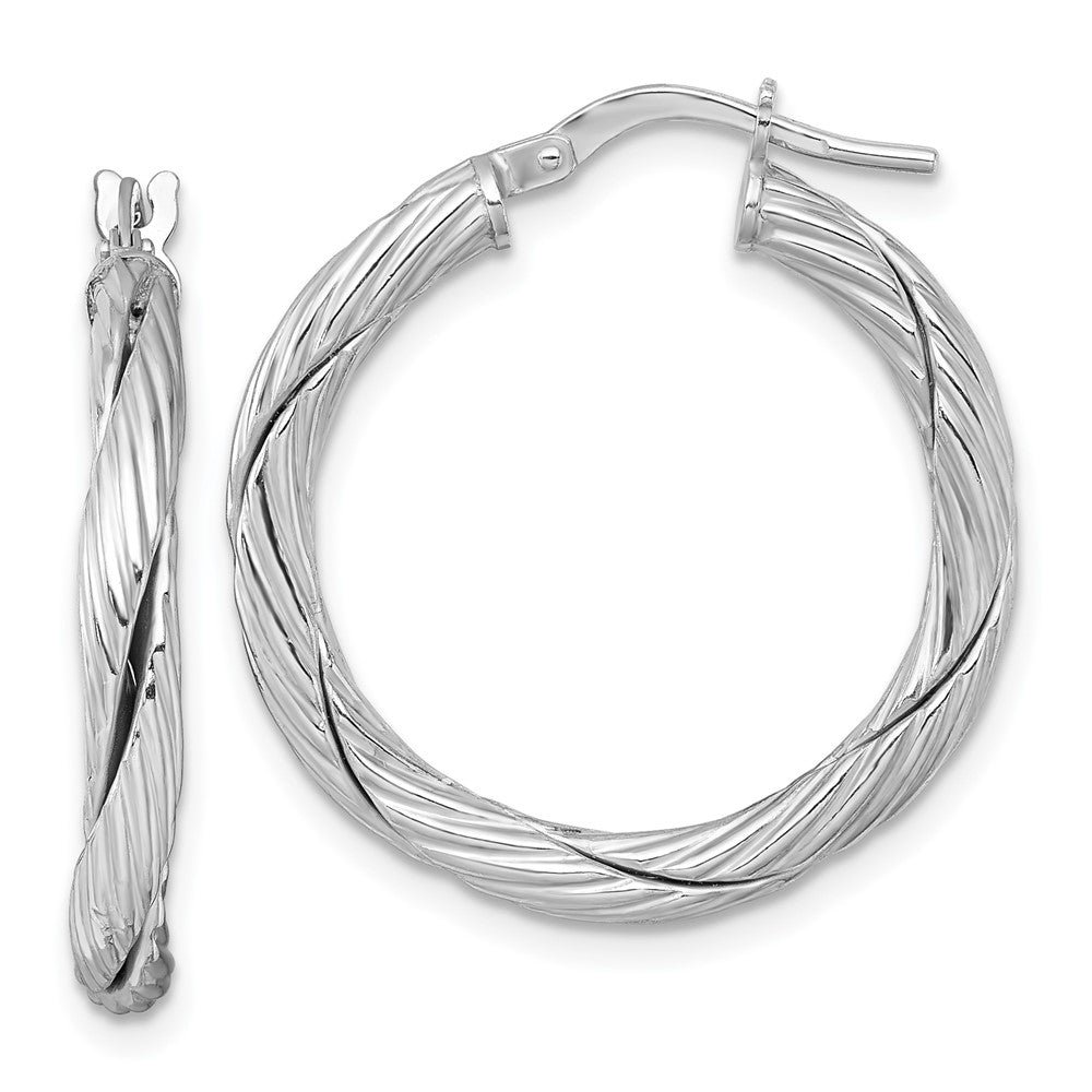 Sterling Silver Rhodium Plated Polished and Twisted Round Hoop Earrings