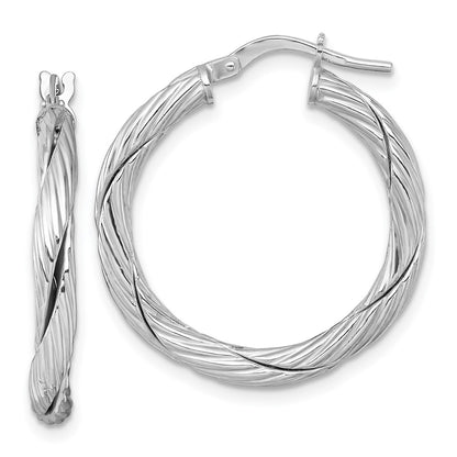 Sterling Silver Rhodium Plated Polished and Twisted Round Hoop Earrings