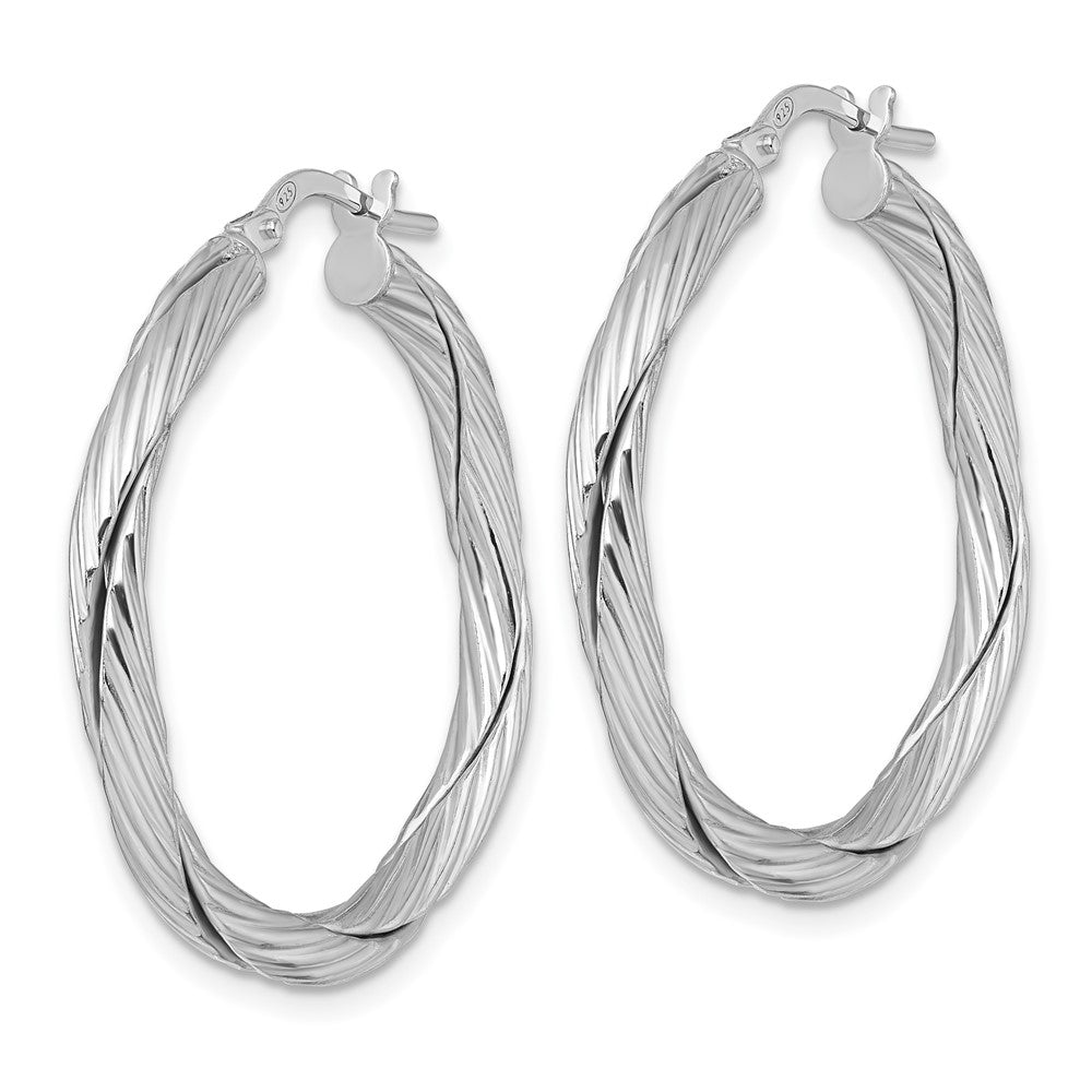 Sterling Silver Rhodium Plated Polished and Twisted Round Hoop Earrings